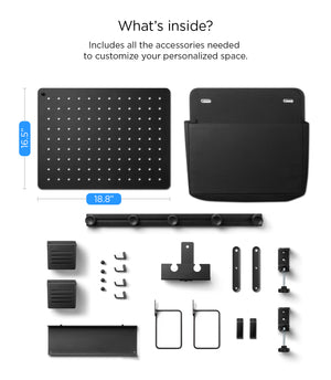 Package contents diagram for the Spigen LD406 rail pegboard kit