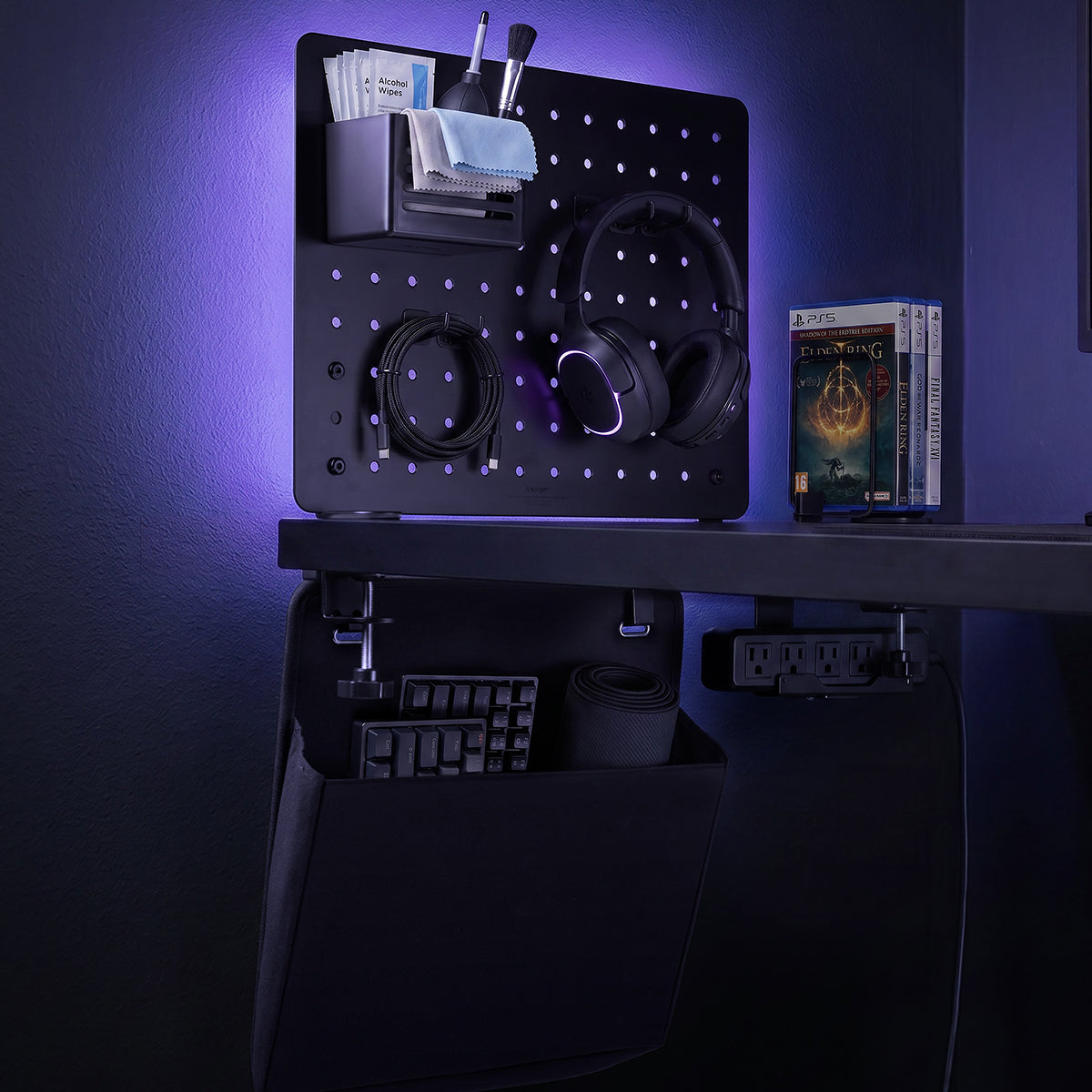 Black Spigen LD406 pegboard organizer in a gaming desk setup
