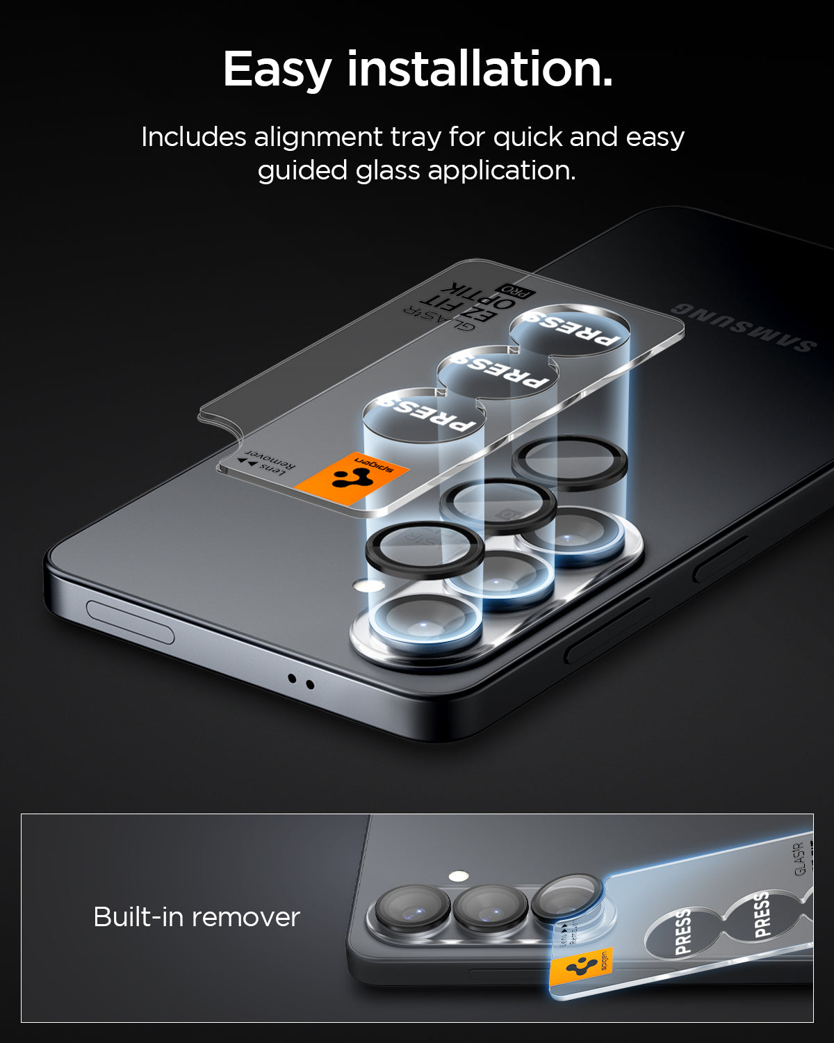 Spigen Galaxy S26 Optik EZ Fit Lens Pro Protector showing the easy to install. Includes alignment tray for quick and easy guided glass application