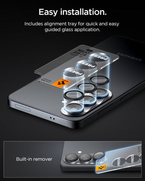 Spigen Galaxy S26 Optik EZ Fit Lens Pro Protector showing the easy to install. Includes alignment tray for quick and easy guided glass application