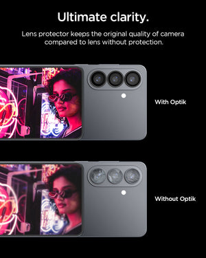 Spigen Galaxy S26 Optik EZ Fit Lens Pro Protector showing ultimate clarity. lens protector keeps the original quality of camera compared to kens without protection