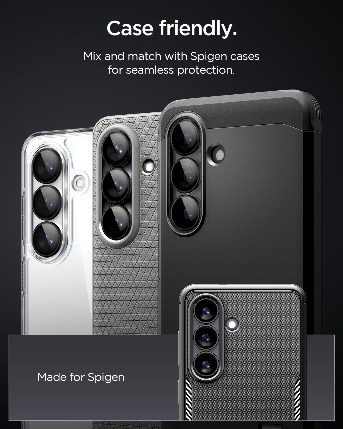 Spigen Galaxy S26 Optik EZ Fit Lens Pro Protector showing case friendly. mix and match with spigen cases for seamless protection