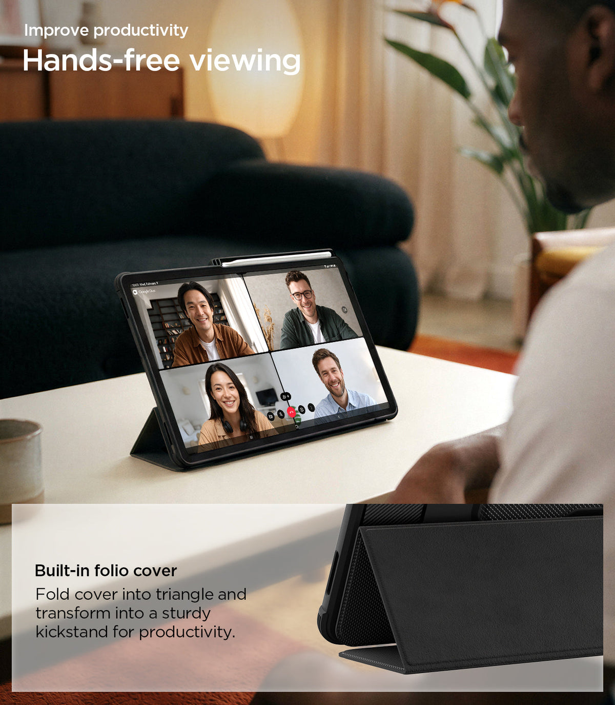 Galaxy Tab S12+ Rugged Armor Pro Black folio stand for hands-free viewing