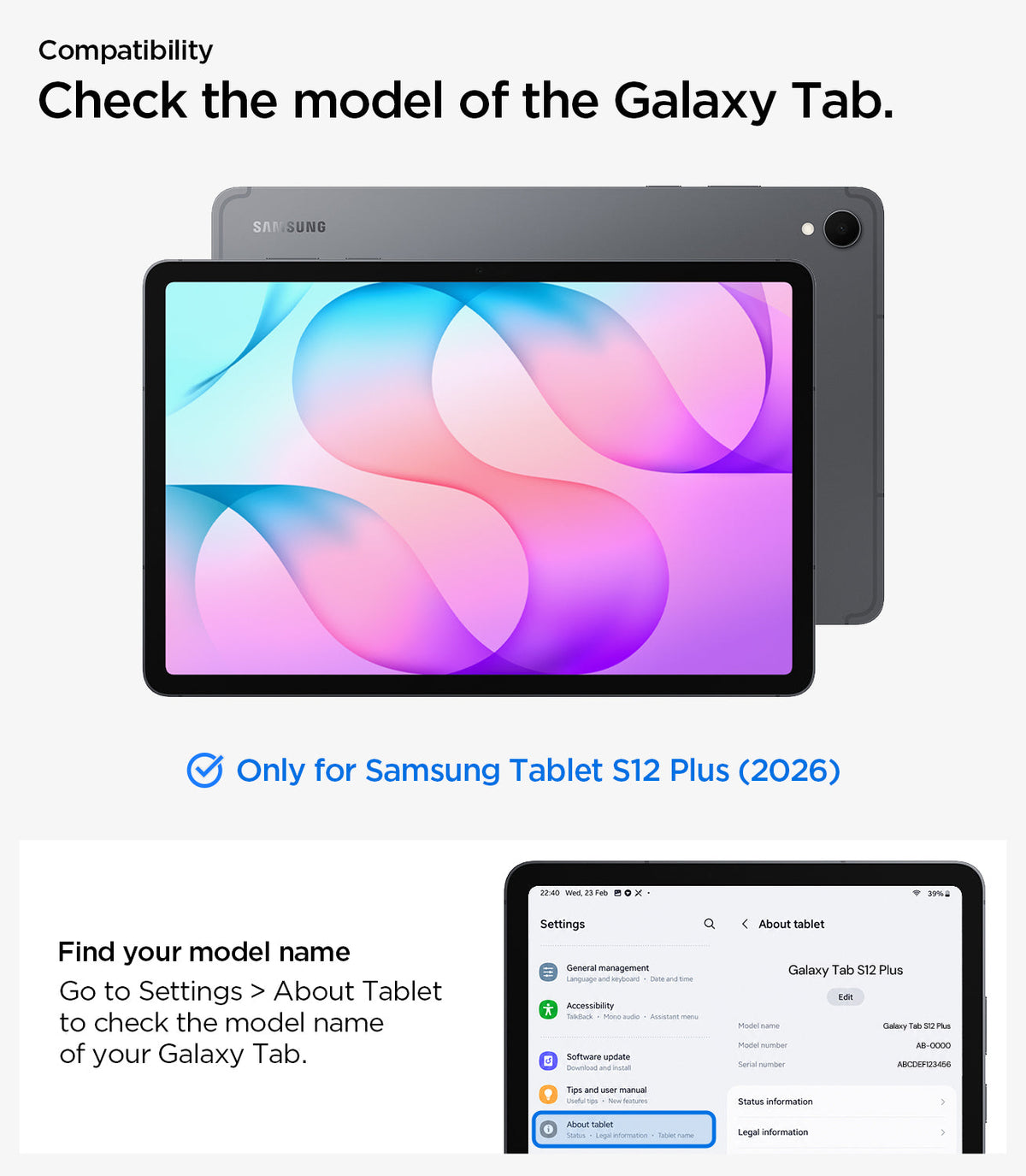 Galaxy Tab S12+ Tough Armor Pro showing Galaxy Tab S12 Plus (2026) compatibility and instructions for checking the tablet model in Settings.