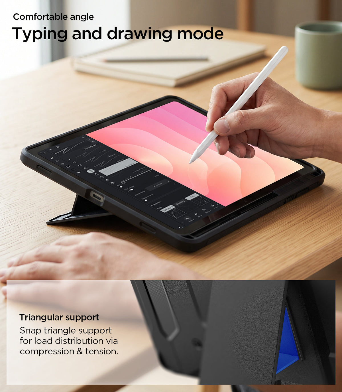 Galaxy Tab S12+ Tough Armor Pro showing the tablet positioned for typing and drawing with a triangular support stand for a comfortable viewing angle.