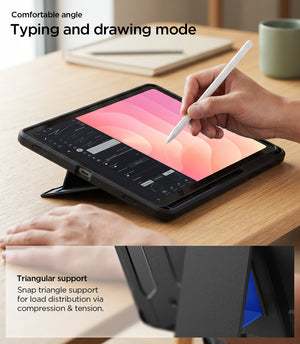 Galaxy Tab S12+ Tough Armor Pro showing the tablet positioned for typing and drawing with a triangular support stand for a comfortable viewing angle.