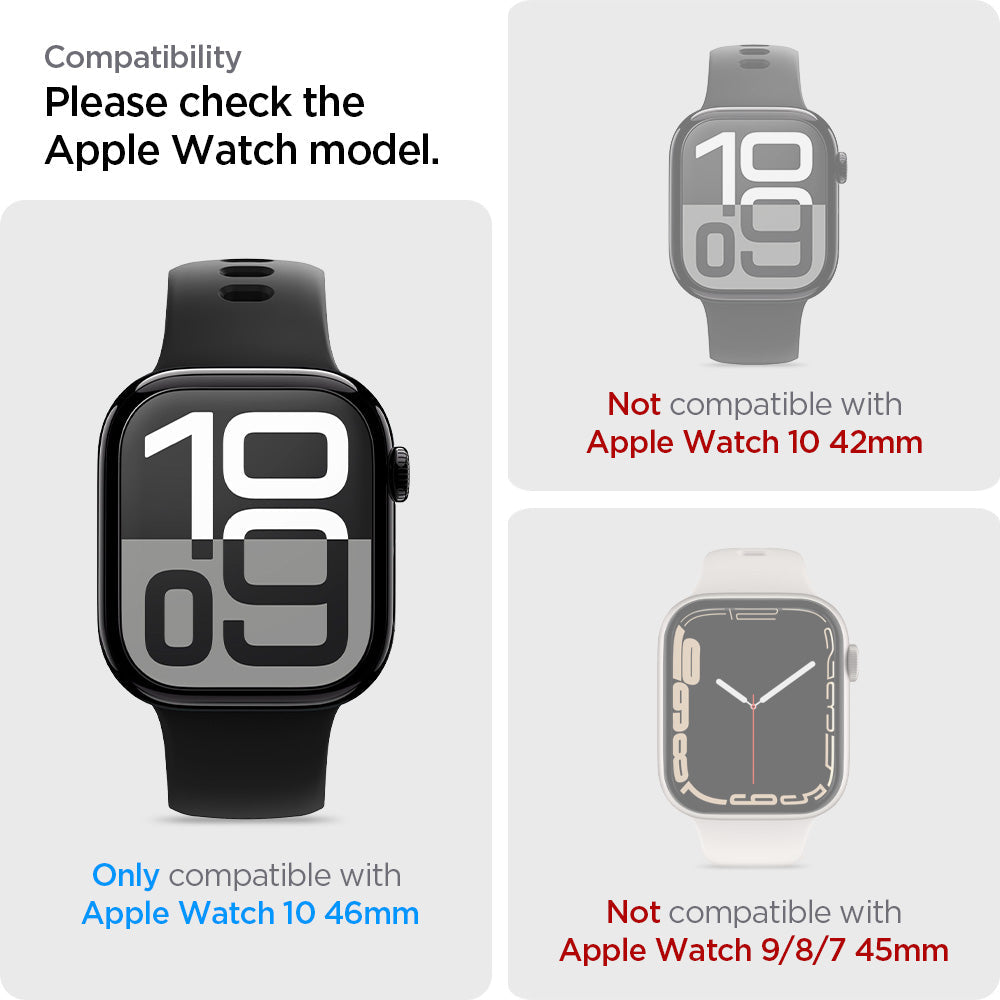 AFL08579 - Apple Watch 10 (46mm) EliteShield EZ Fit in Clear showing the compatibility. Only compatible with Apple Watch 10 46mm and not compatible with Apple Watch 10 42mm  | Apple Watch 9/8/7 45mm