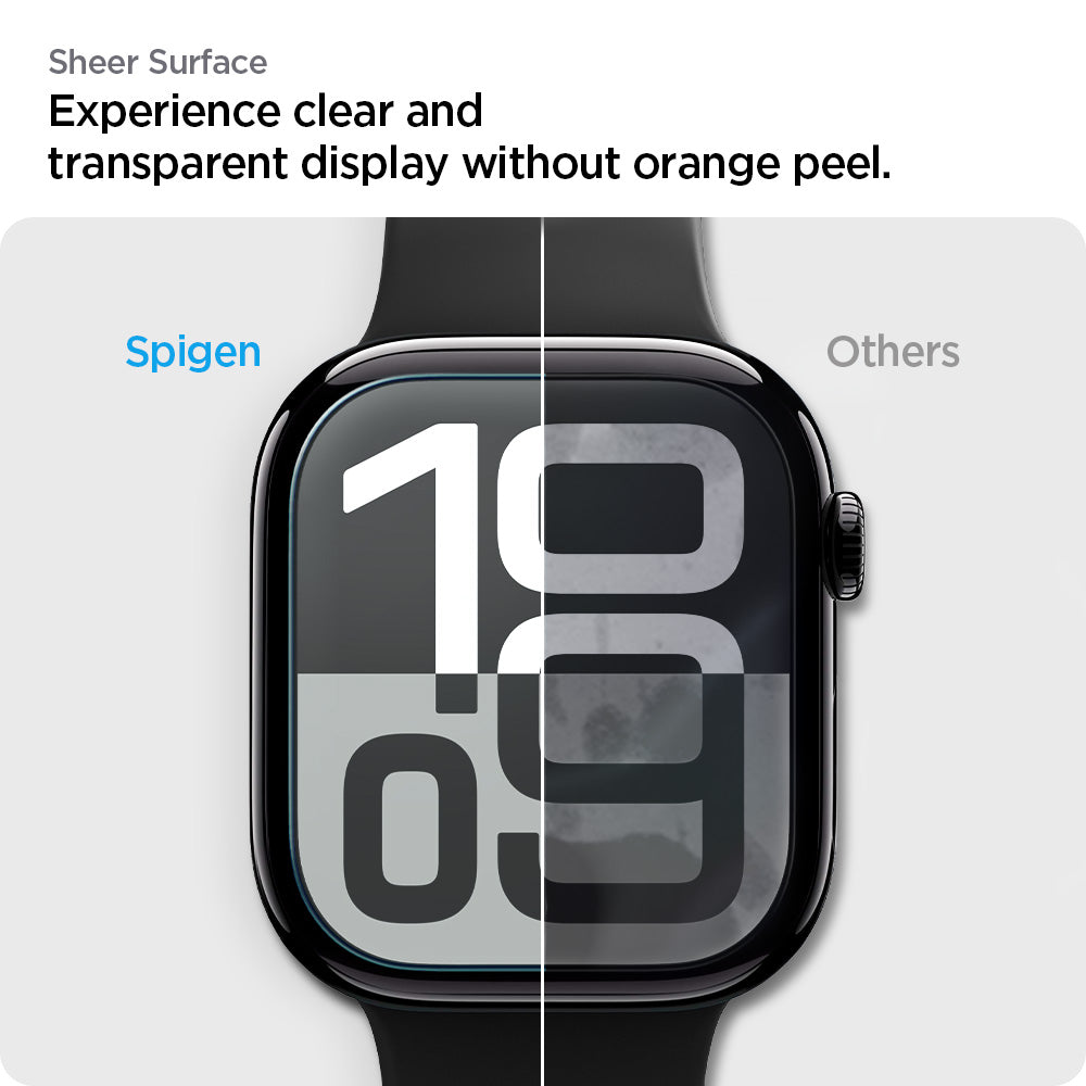 AFL08579 - Apple Watch 10 (46mm) EliteShield EZ Fit in Clear showing the Sheer Surface. Experience clear and transparent display without orange peel