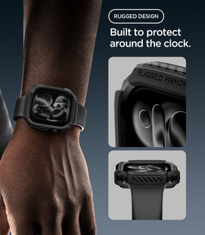 Apple Watch Series 12 (46mm) Case Rugged Armor in Matte Black showing the rugged case design with reinforced edges and raised protection around the watch face
