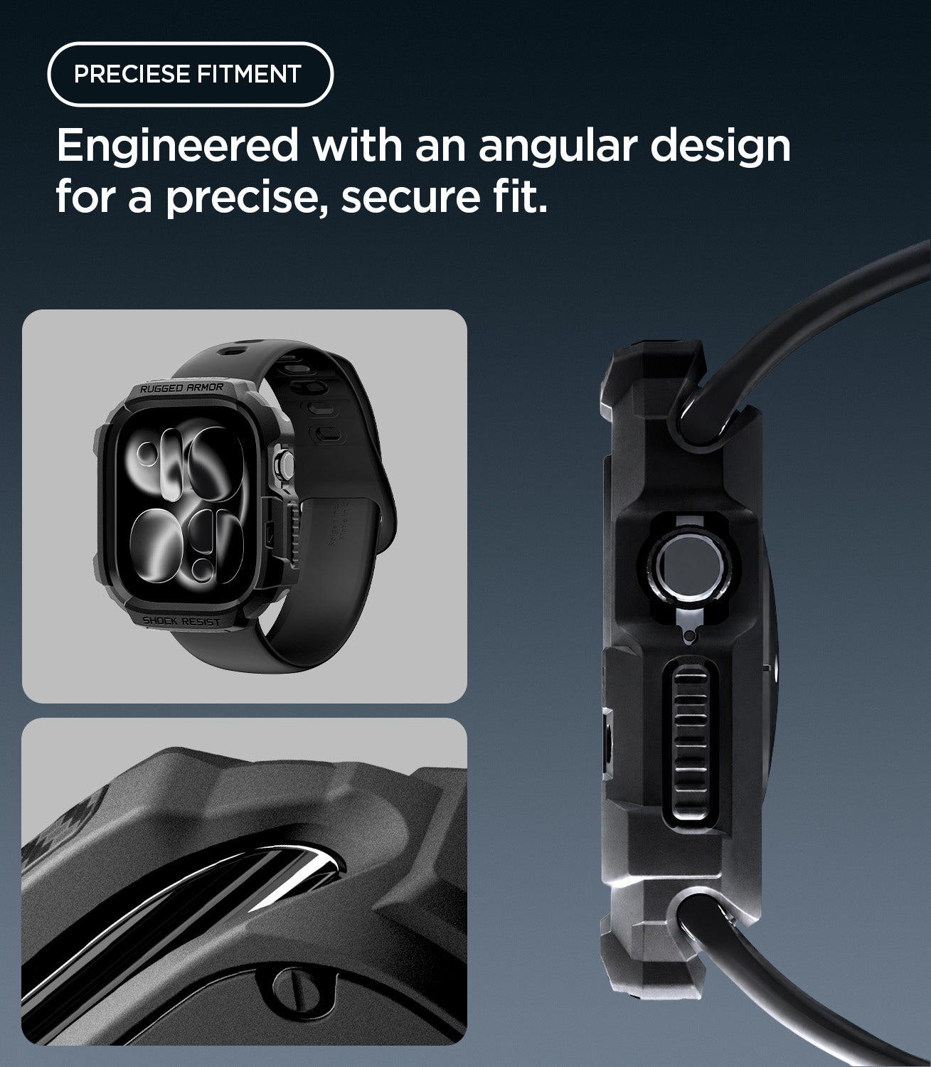 Apple Watch Series 12 (46mm) Case Rugged Armor in Matte Black showing the angular protective frame with precise fit around the crown and side controls