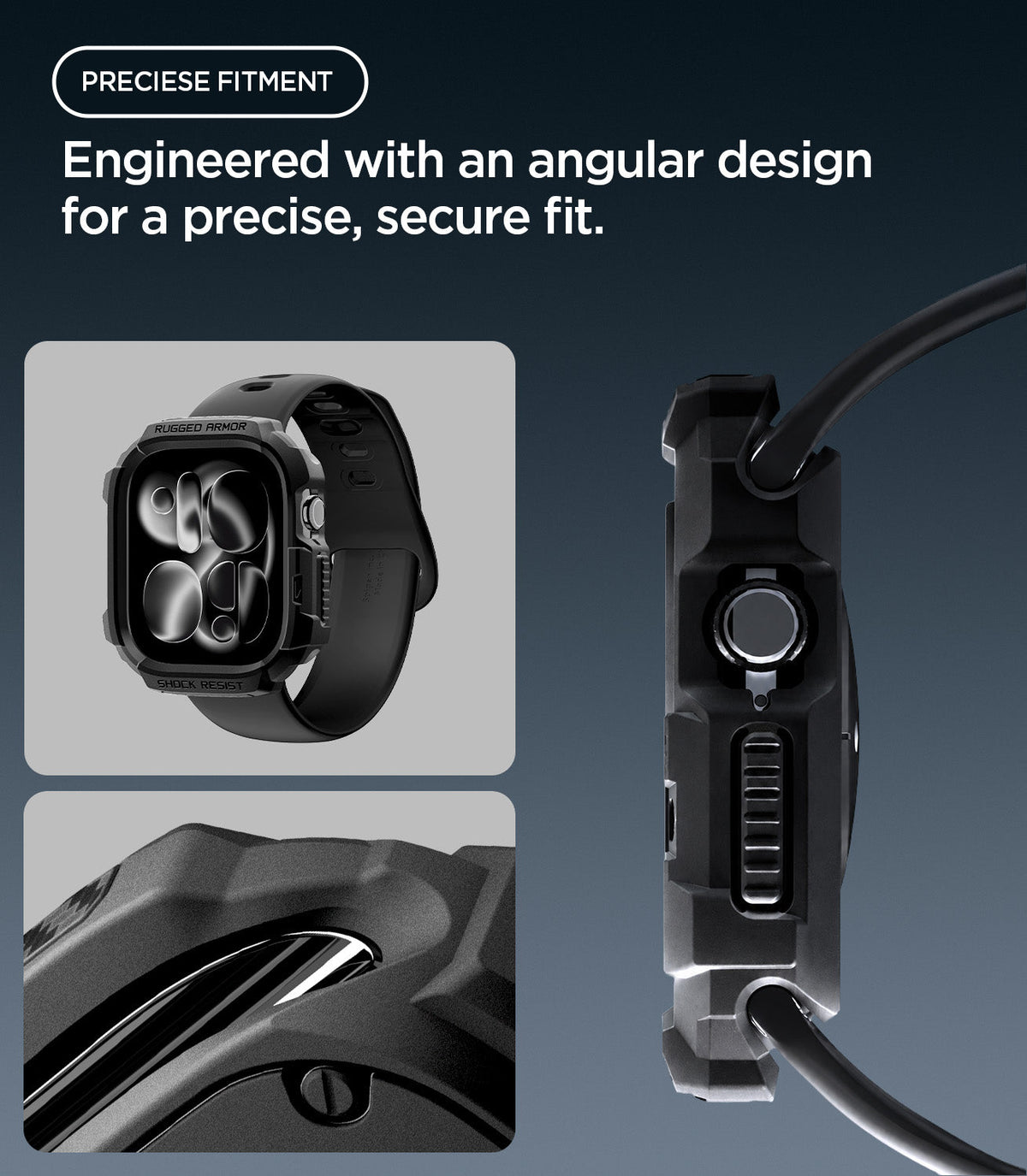 Apple Watch Series 12(42mm) Case Rugged Armor in Matte Black showing the angular protective frame with precise fit around the crown and side controls