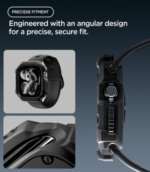 Apple Watch Series 12(42mm) Case Rugged Armor in Matte Black showing the angular protective frame with precise fit around the crown and side controls