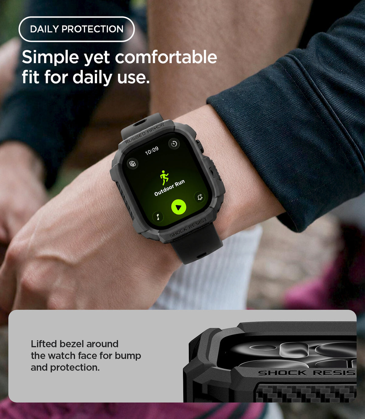 Apple Watch Series 12 (46mm) Case Rugged Armor in Matte Black showing the rugged case worn during outdoor activity with a raised bezel for added screen protection