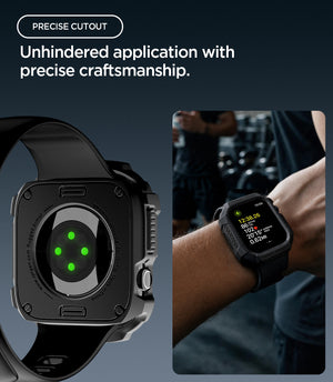 Apple Watch Series 12 (46mm) Case Rugged Armor in Matte Black showing the rear sensor opening and precise cutouts with the rugged case worn during a workout