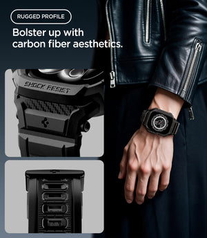 Apple Watch Series 12 (46mm) Case Rugged Armor Pro in Matte Black showing carbon fiber inspired detailing and reinforced elements for a rugged profile