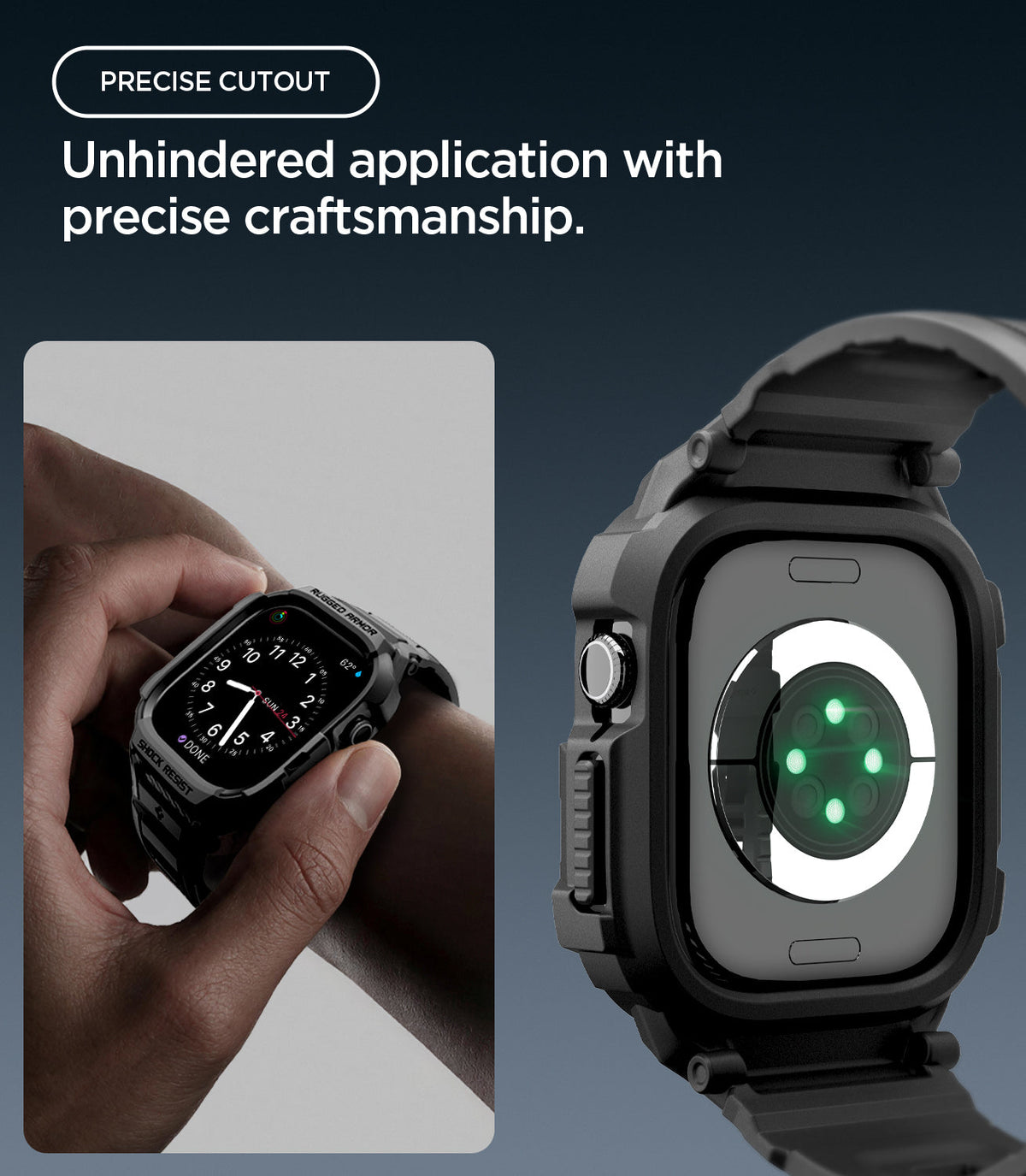 Apple Watch Series 12(42mm) Case Rugged Armor Pro in Matte Black showing precise cutouts providing easy access to controls while keeping the sensor area open