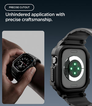 Apple Watch Series 12(42mm) Case Rugged Armor Pro in Matte Black showing precise cutouts providing easy access to controls while keeping the sensor area open