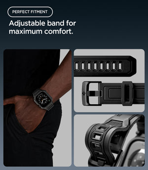 Apple Watch Series 12 (46mm) Case Rugged Armor Pro in Matte Black showing the adjustable band, buckle, and multiple sizing holes for a comfortable fit