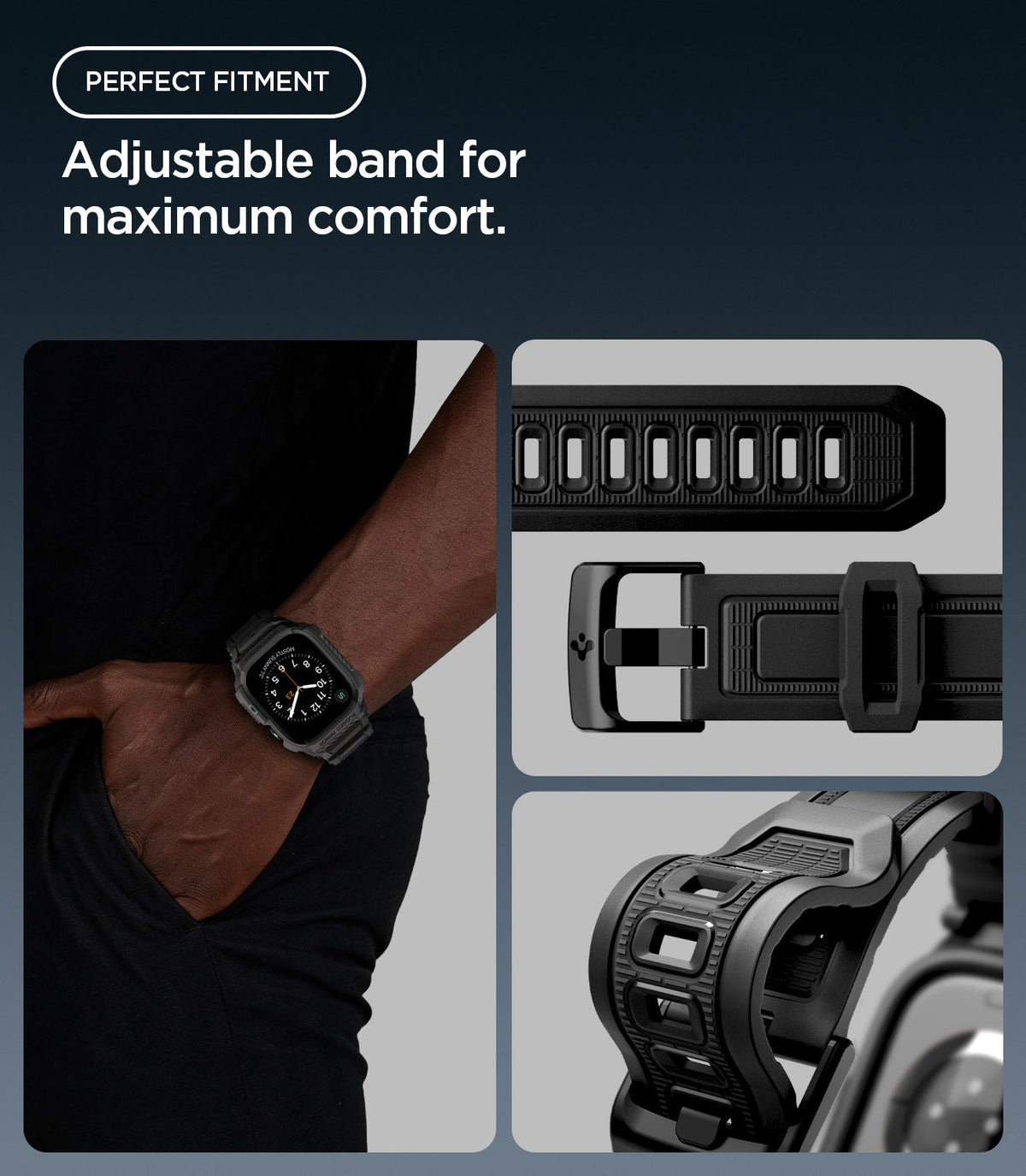 Apple Watch Series 12(42mm) Case Rugged Armor Pro in Matte Black showing the adjustable band, buckle, and multiple sizing holes for a comfortable fit