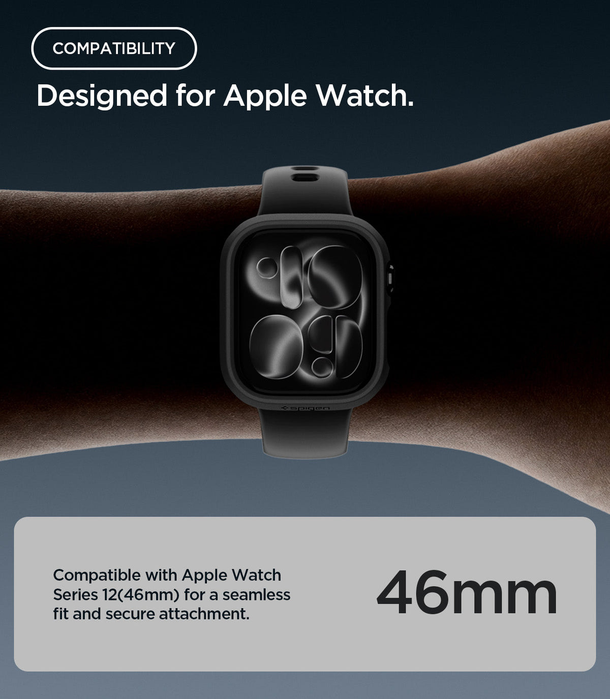 Apple Watch Series 12(46mm) Case Thin Fit in Black showing compatibility with the 46mm size for a seamless fit and secure attachment