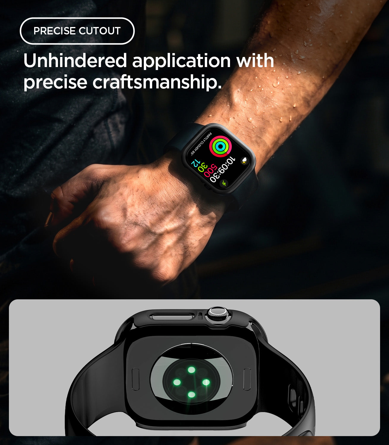 Apple Watch Series 12(46mm) Case Thin Fit in Black showing precise cutouts and an open sensor area for unhindered functionality