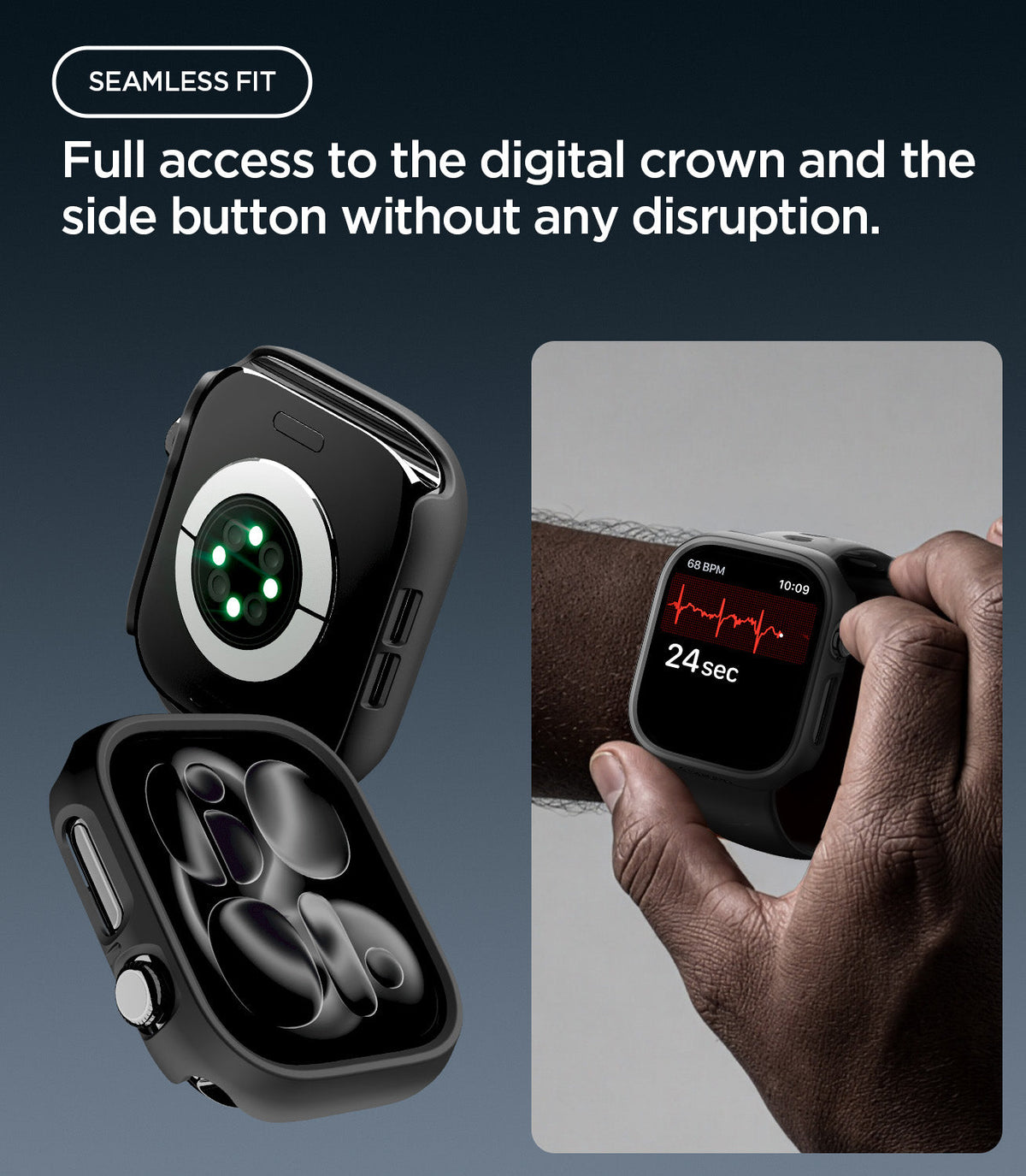 Apple Watch Series 12(46mm) Case Thin Fit in Black showing precise access to the crown and side button for seamless operation
