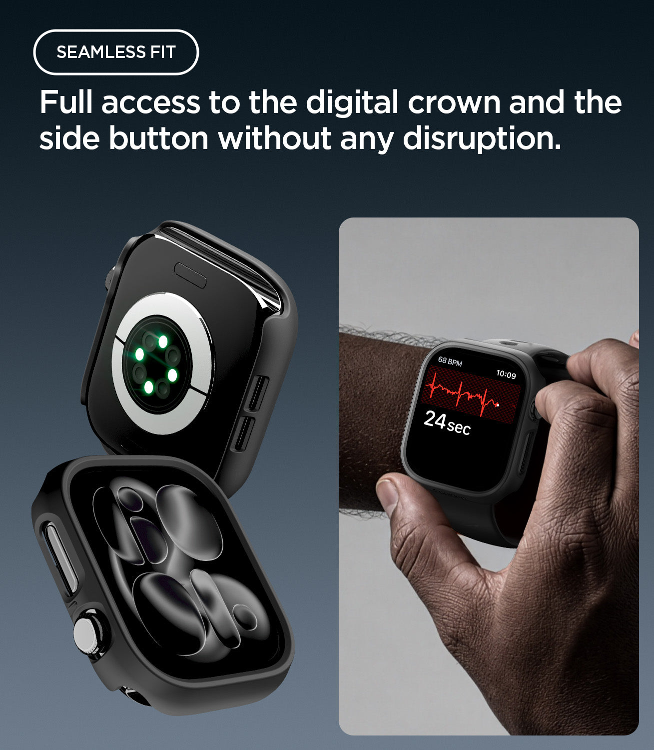 Apple Watch Series 12(42mm) Case Thin Fit in Black showing precise access to the crown and side button for seamless operation
