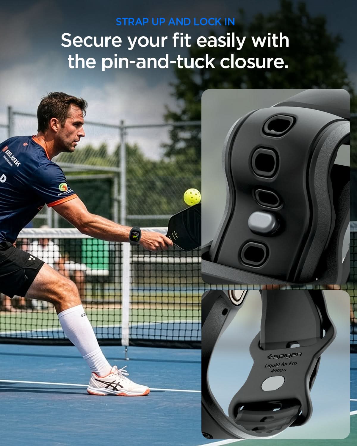 ACS05463 - Apple Watch Ultra Series (49mm) Case Liquid Air Pro in black showing secure your fit easily with the pin-and-tuck closure.