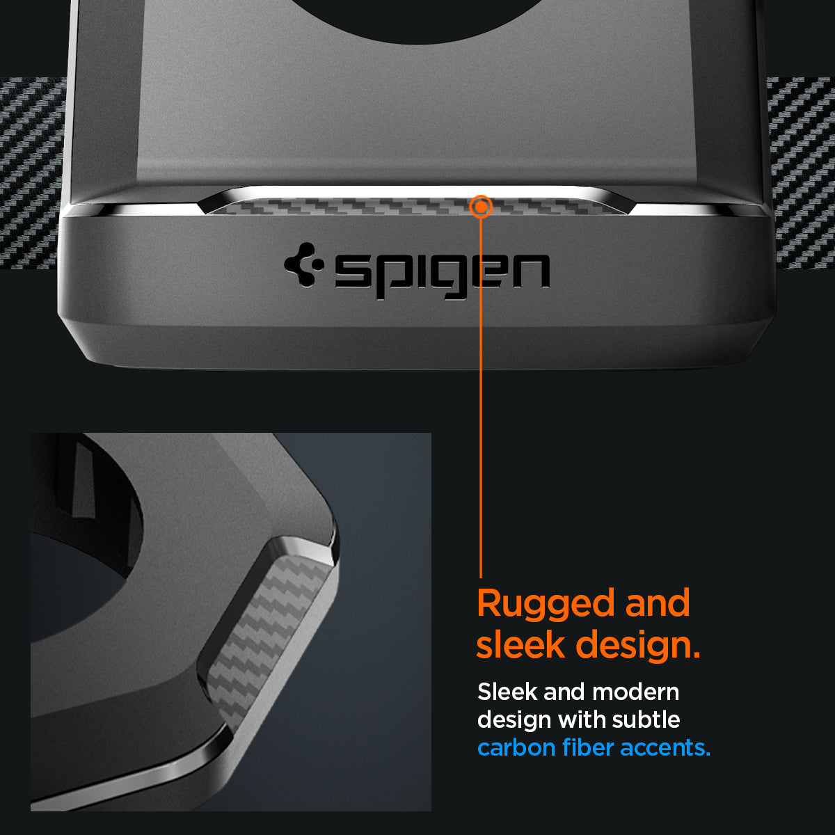 Carbon-fiber accents on the Rugged Armor Apple Watch charging stand
