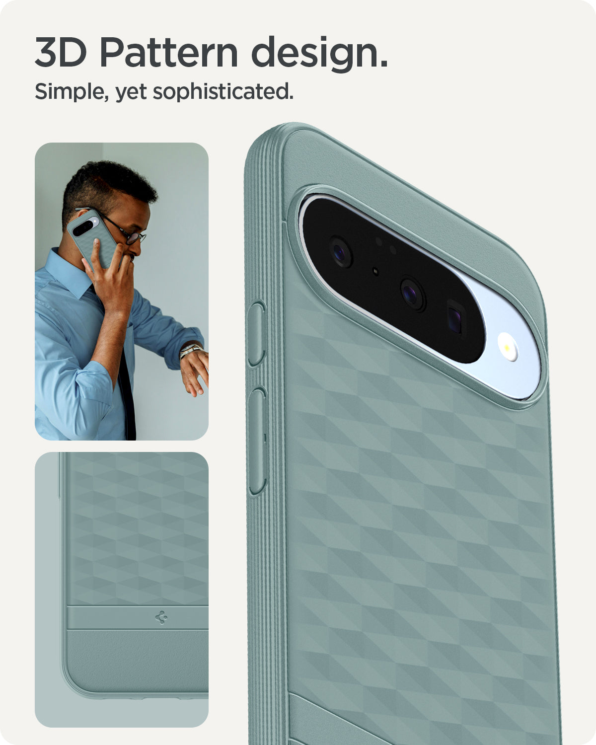 ACS09709 - Pixel 10 Pixel 10 Pro in sage green showing the 3d pattern design. Simple, yet sophisticated.