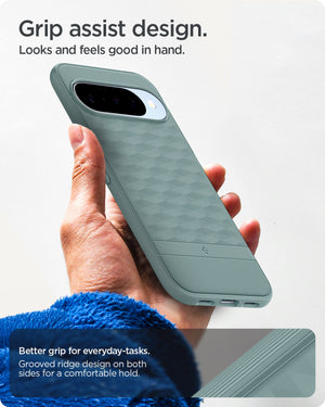 ACS09709 - Pixel 10 Pixel 10 Pro in sage green showing the grip assist design. Looks and feels good in hand. Better grip for everyday-tasks. Grooved ridge design on both sides for a comfortable hold