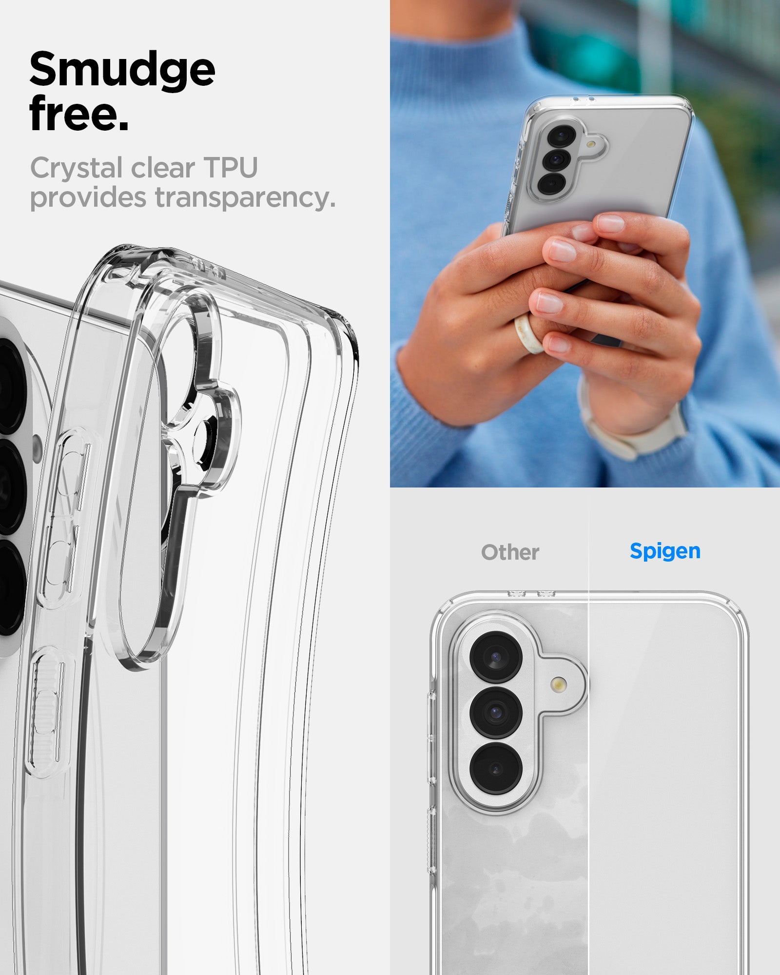 ACS11132 - Spigen Liquid Crystal Galaxy A37 5G Crystal Clear case showing smudge-free transparency compared to competitor case