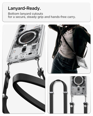 Spigen Galaxy S26 Plus Case Ultra Hybrid Neo One (Mag Fit) showing lanyard ready. Bottom lanyard cutouts for a secure steady grip and hands free carry