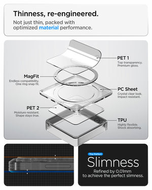 Spigen Galaxy S26 Case Ultra Hybrid (Mag Fit) Crystal Clear showing thinness re engineered. no just thin packed with optimized material performance