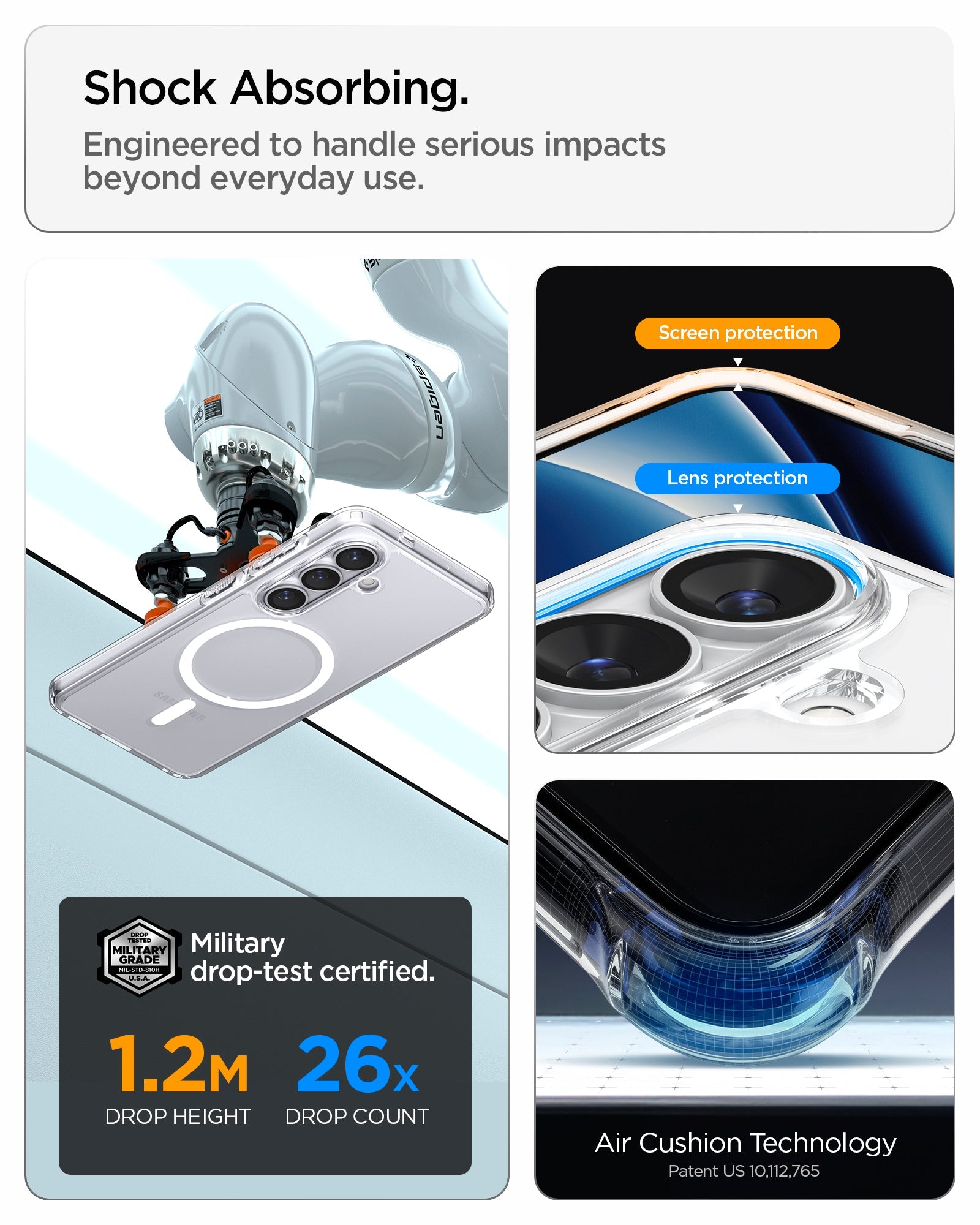 Spigen Galaxy S26 Case Ultra Hybrid (Mag Fit) Crystal Clear showing shock absorbing. engineered to handle serious impacts beyond everyday use