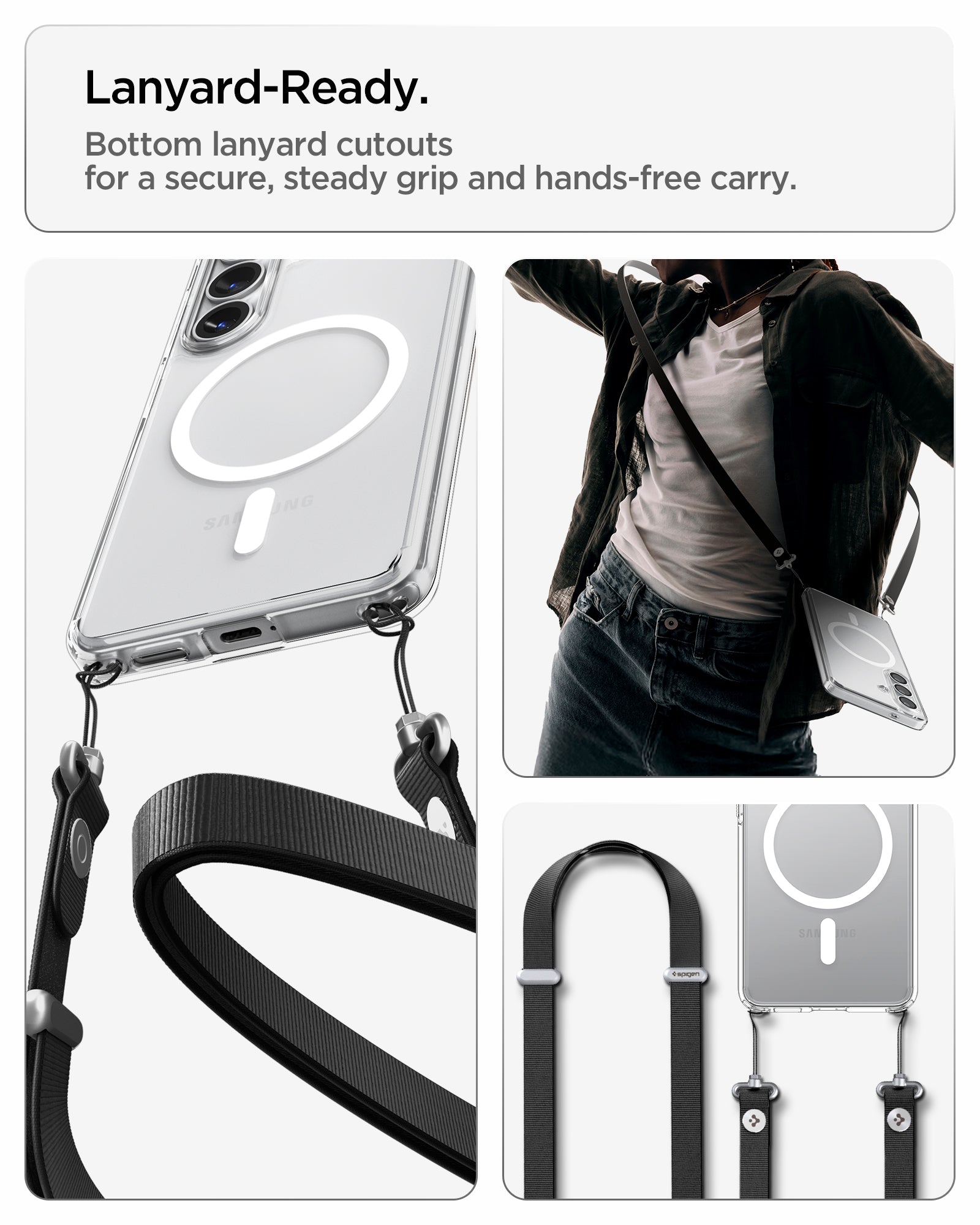 Spigen Galaxy S26 Case Ultra Hybrid (Mag Fit) Crystal Clear showing lanyard ready. Bottom lanyard cutouts for a secure steady grip and hands free carry