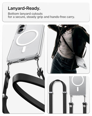 Spigen Galaxy S26 Case Ultra Hybrid (Mag Fit) Crystal Clear showing lanyard ready. Bottom lanyard cutouts for a secure steady grip and hands free carry