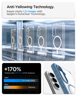 Spigen Galaxy S26 Case Ultra Hybrid (Mag Fit) Light Blue showing anti yellowing technology keeps clarity 1.7x longer with spigen's duraclear technology