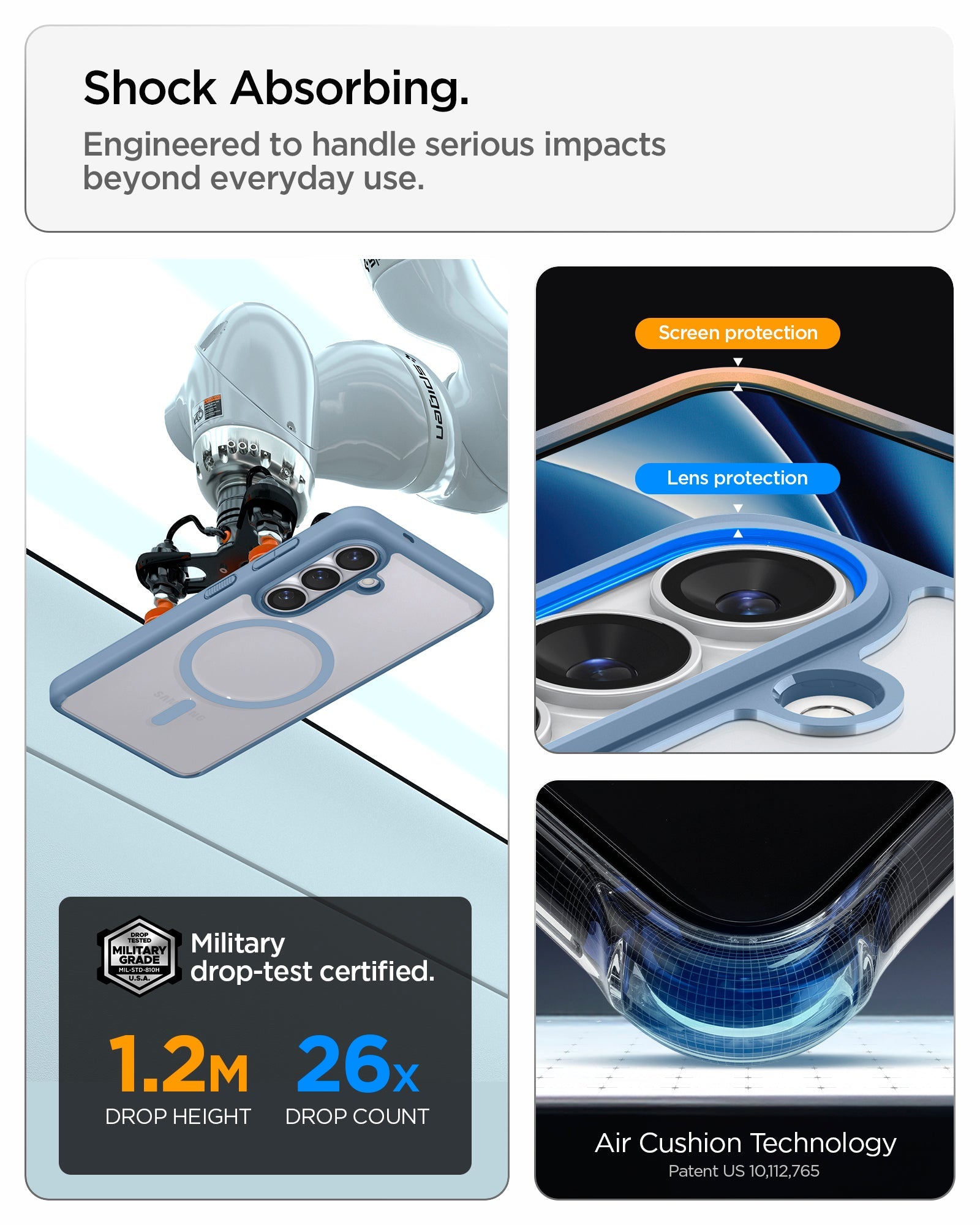 Spigen Galaxy S26 Case Ultra Hybrid (Mag Fit) Light Blue showing shock absorbing. engineered to handle serious impacts beyond everyday use