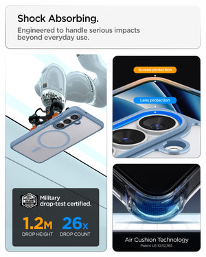 Spigen Galaxy S26 Case Ultra Hybrid (Mag Fit) Light Blue showing shock absorbing. engineered to handle serious impacts beyond everyday use