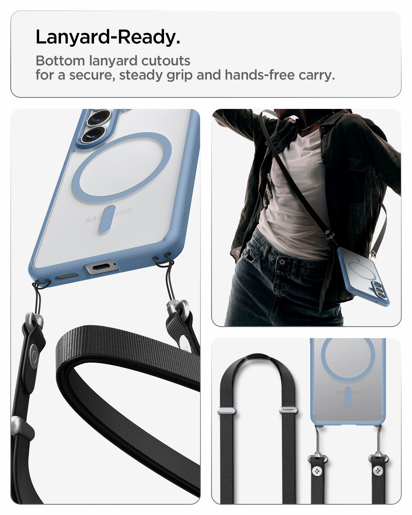 Spigen Galaxy S26 Case Ultra Hybrid (Mag Fit) Light Blue showing lanyard ready. Bottom lanyard cutouts for a secure steady grip and hands free carry