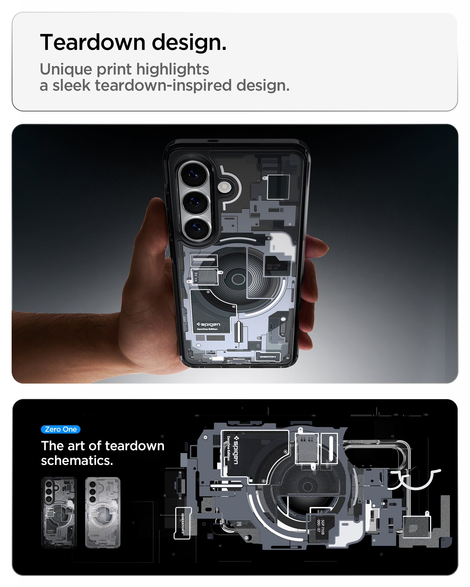 Spigen Galaxy S26 Case Ultra Hybrid Zero One (Mag Fit) Black showing teardown design. unique print highlights a sleek teardown inspired design