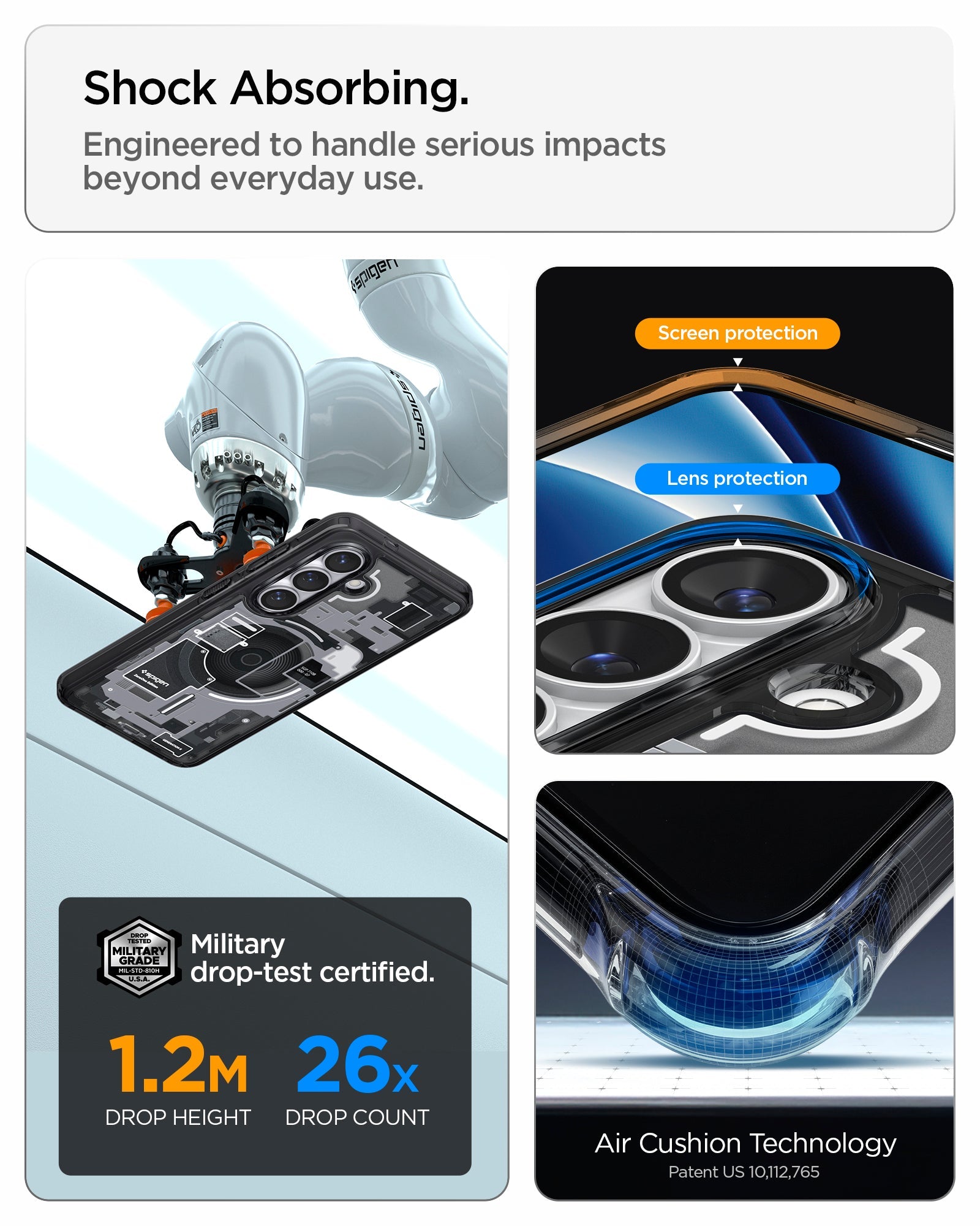 Spigen Galaxy S26 Case Ultra Hybrid Zero One (Mag Fit) Black showing shock absorbing. engineered to handle serious impacts beyond everyday use