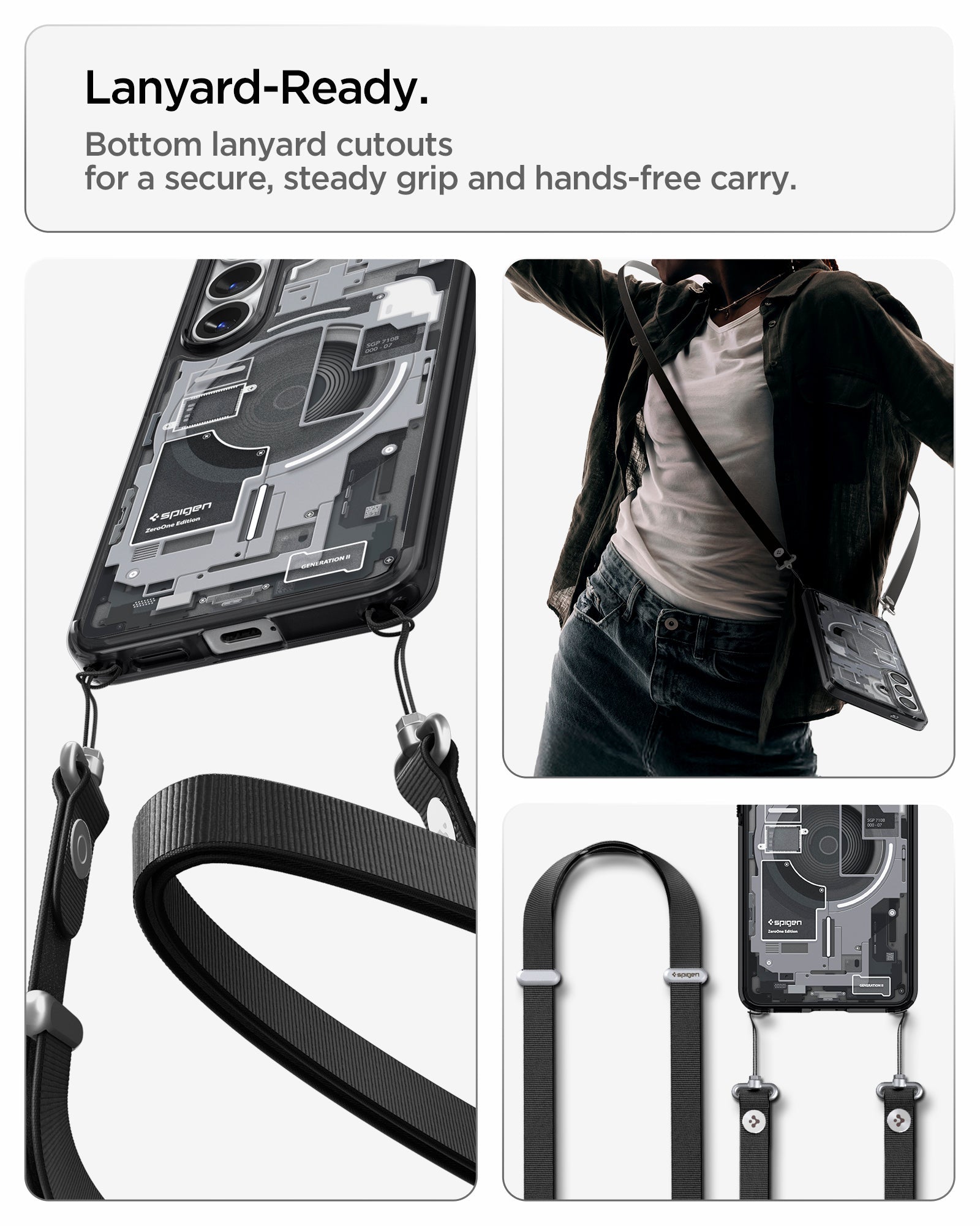 Spigen Galaxy S26 Case Ultra Hybrid Zero One (Mag Fit) Black showing lanyard ready. Bottom lanyard cutouts for a secure steady grip and hands free carry