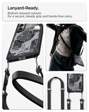 Spigen Galaxy S26 Case Ultra Hybrid Zero One (Mag Fit) Black showing lanyard ready. Bottom lanyard cutouts for a secure steady grip and hands free carry