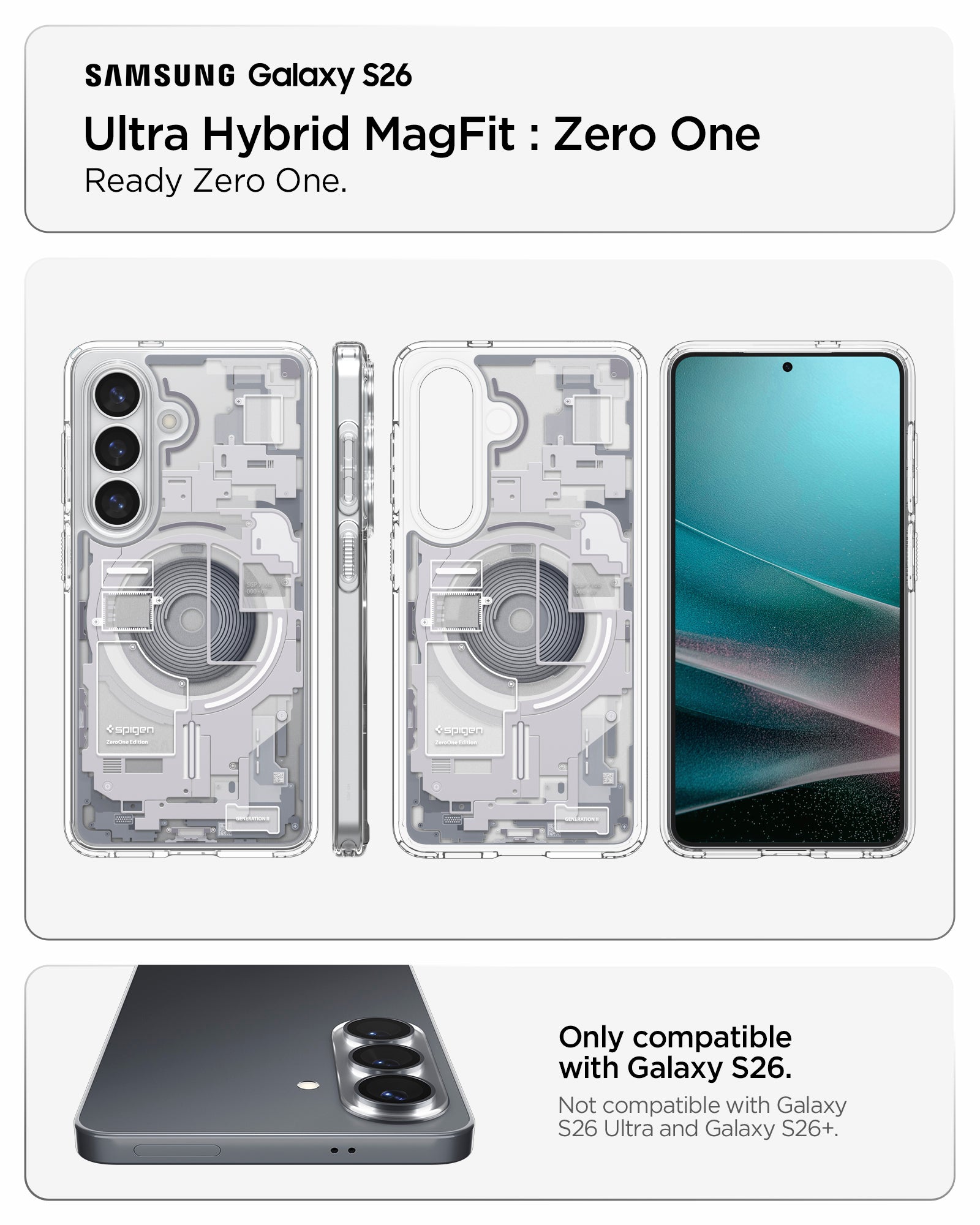 Spigen Galaxy S26 Case Ultra Hybrid Zero One (Mag Fit) White showing ready zero one