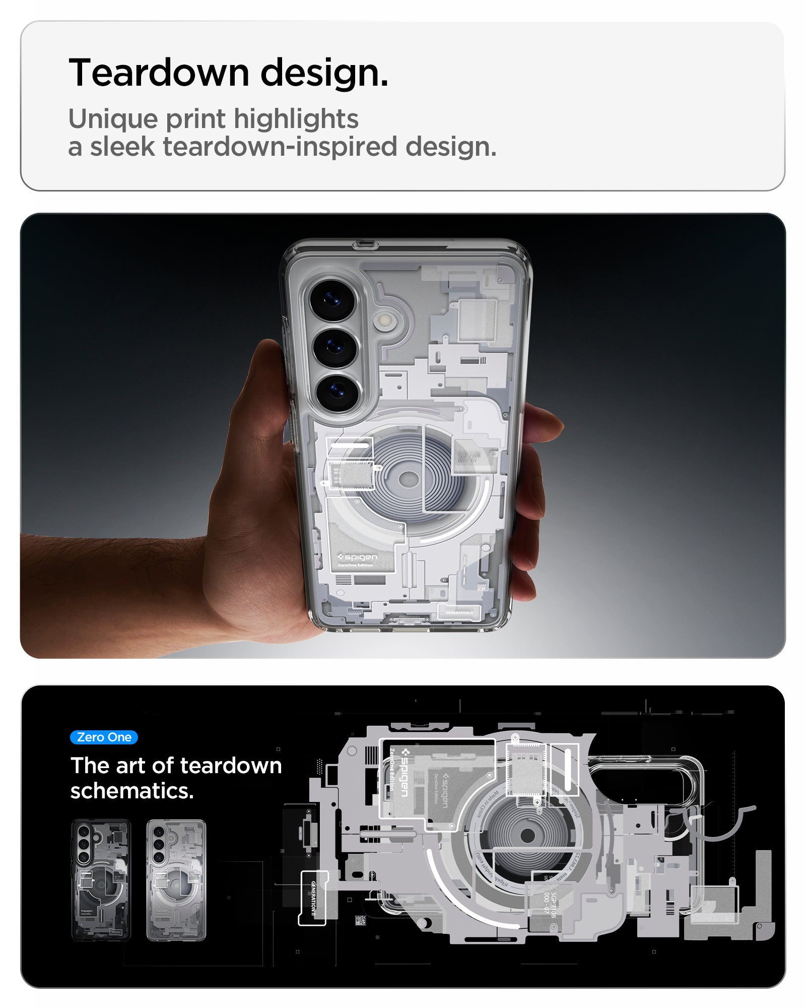 Spigen Galaxy S26 Case Ultra Hybrid Zero One (Mag Fit) White showing teardown design. unique print highlights a sleek teardown inspired design