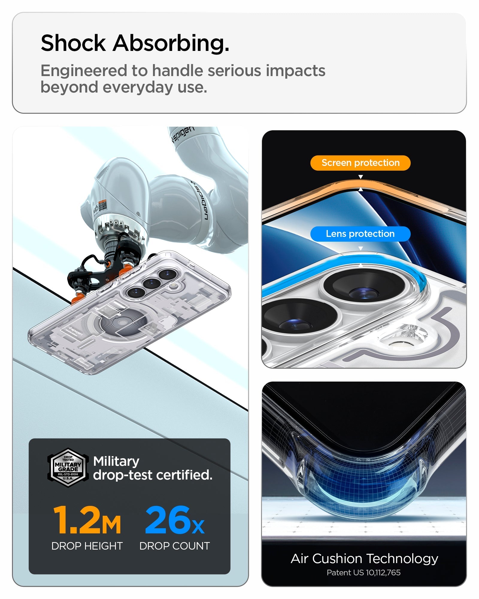 Spigen Galaxy S26 Case Ultra Hybrid Zero One (Mag Fit) White showing shock absorbing. engineered to handle serious impacts beyond everyday use