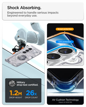 Spigen Galaxy S26 Case Ultra Hybrid Zero One (Mag Fit) White showing shock absorbing. engineered to handle serious impacts beyond everyday use
