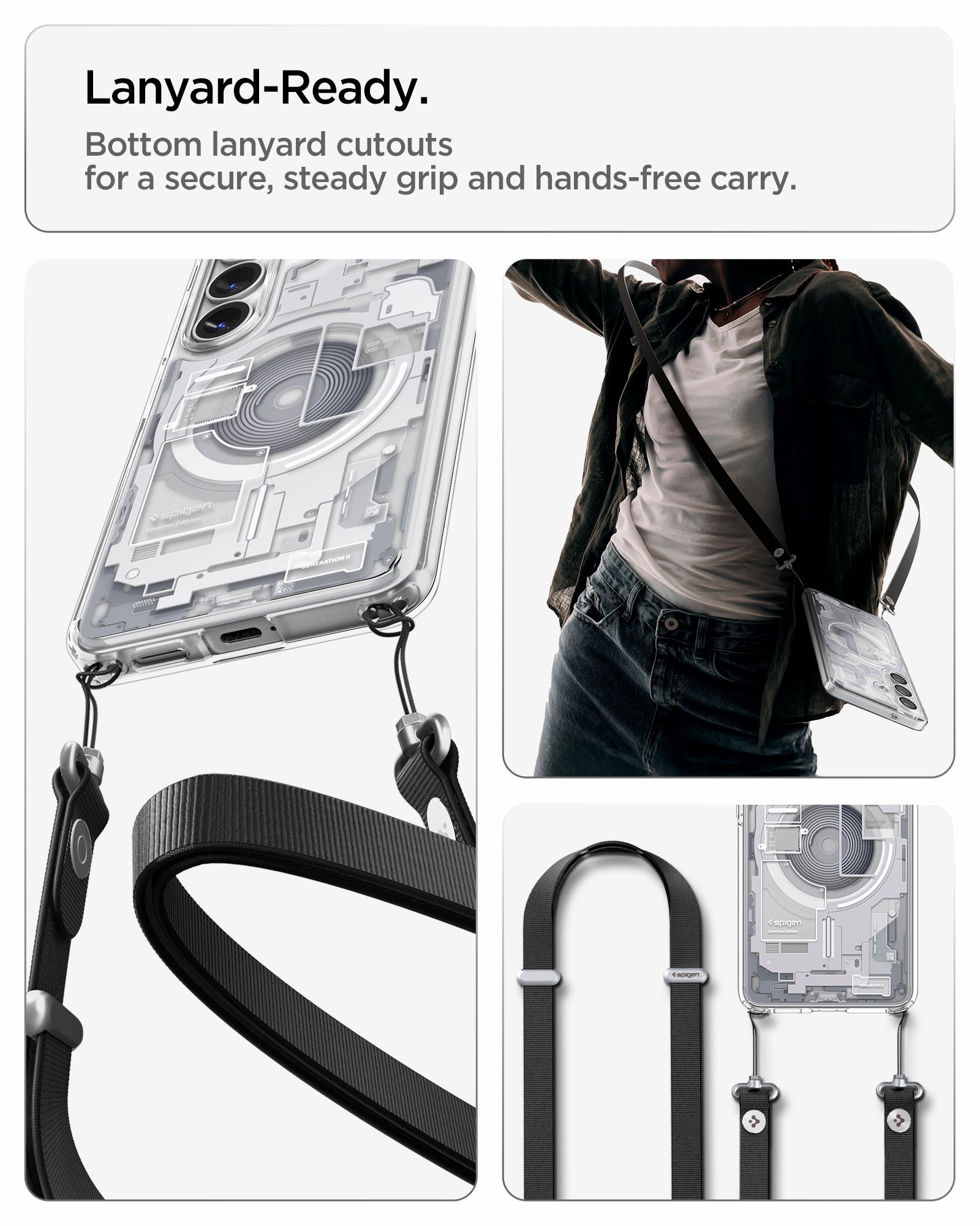 Spigen Galaxy S26 Case Ultra Hybrid Zero One (Mag Fit) White showing lanyard ready. Bottom lanyard cutouts for a secure steady grip and hands free carry